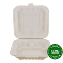 Eco-Friendly, Disposable To-Go Food Containers - (8" x 8" x 2.5", 3-compartment)