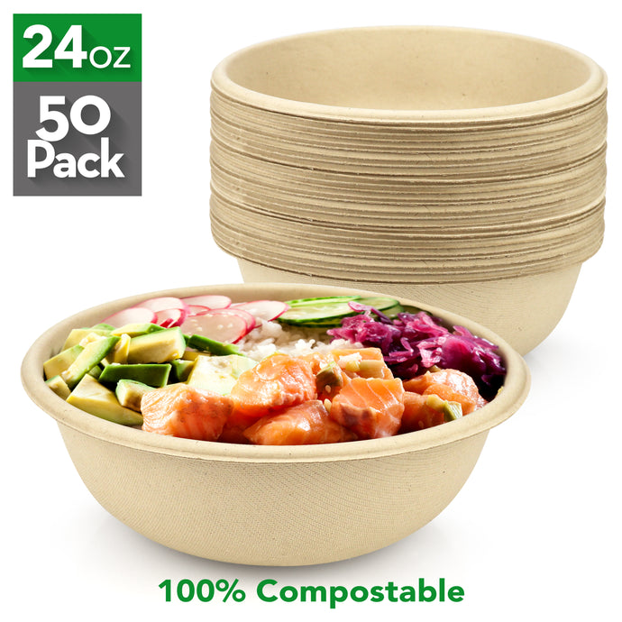 Compostable Bowls – Heavy-Duty Quality, Sugarcane Bowls - 24 oz.