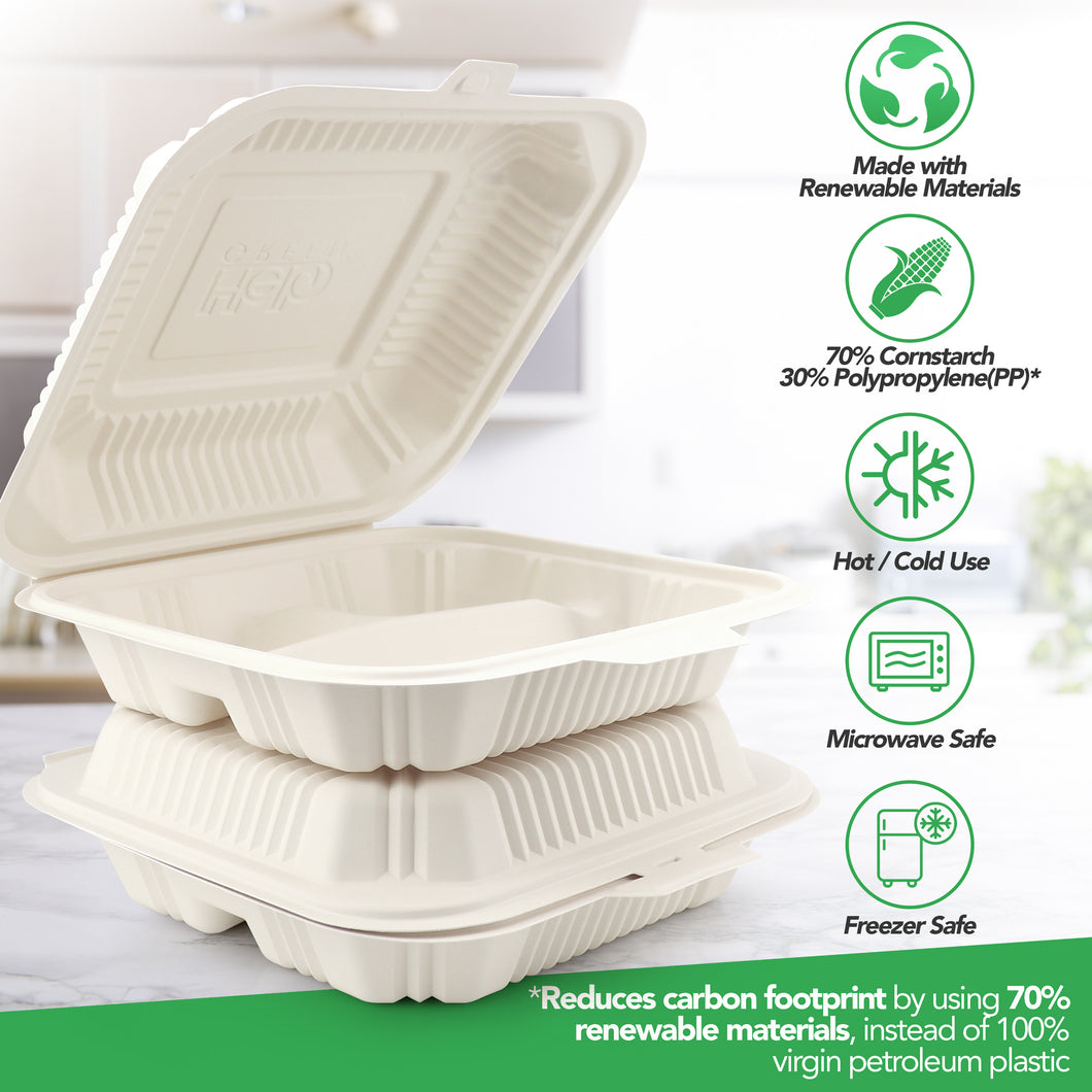 HeloGreen Eco-Friendly Sustainable Food Container 8x 8, 3-Comp.